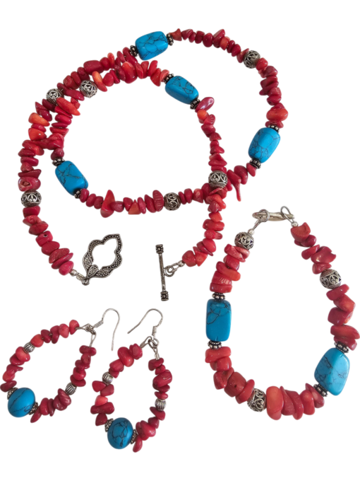 Red Coral & Turquoise Beaded Jewelry Set | 22” Necklace with Silver Accents & Toggle Clasp | 8” Bracelet & 1” Earrings | Handmade