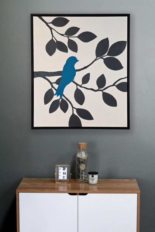Artistic Turtle Hand-Painted Turquoise Bird in Gray Tree | 24x20” Framed Canvas Wall Art | Nature-Inspired Modern Décor | Minimalist & Elegant Home Accent | Ready to Hang - Image 2