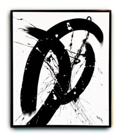 Black and white abstract wall art with sweeping arcs, feathered brush textures, and floating frame.
