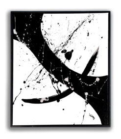 Black and white abstract painting with bold diagonal sweep, splatters, and floating pine frame.