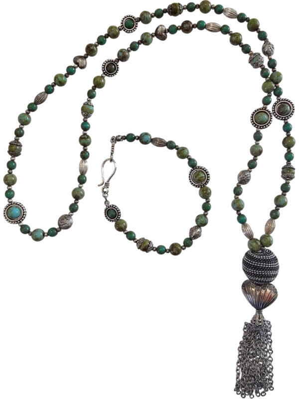 Handmade green jasper necklace and bracelet set with sterling silver heart charm and chain mail tassel by Maria’s Jewelry Shop