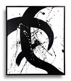 Black and white abstract canvas with intersecting arcs, splattered energy, and pine floating frame.