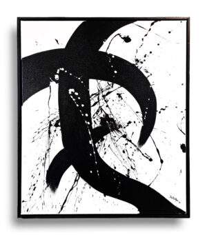 Hand-painted black and white abstract painting with expressive brushstrokes by Deb’s Art Studio, framed and ready to hang