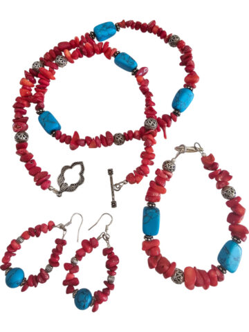 red coral and turquoise jewelry set handmade necklace earrings