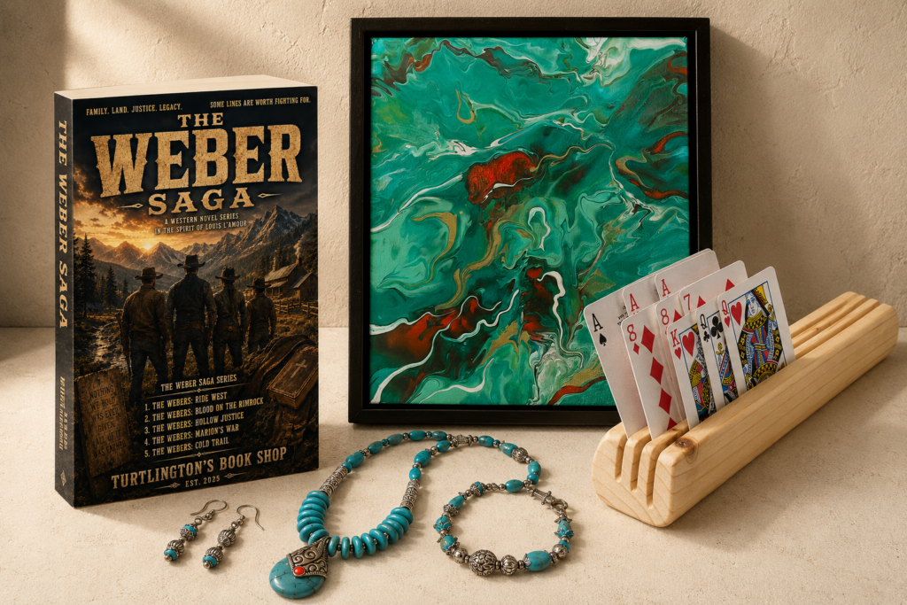Artistic Turtle collection featuring a turquoise painting, wooden playing card holder, turquoise jewelry, and The Weber Saga book.