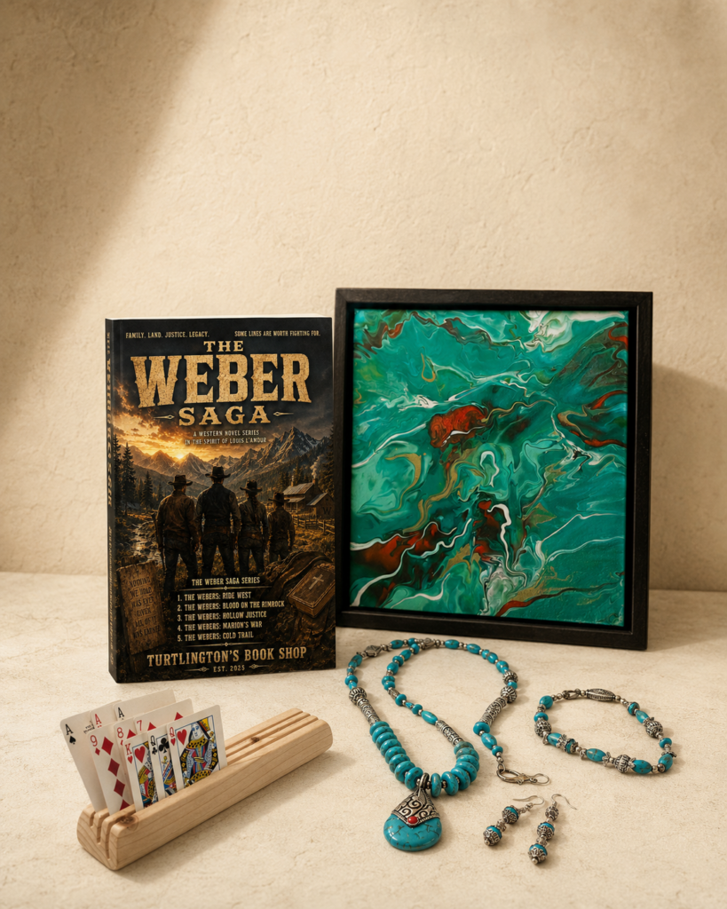 Artistic Turtle collection featuring a turquoise painting, wooden playing card holder, turquoise jewelry, and The Weber Saga book.