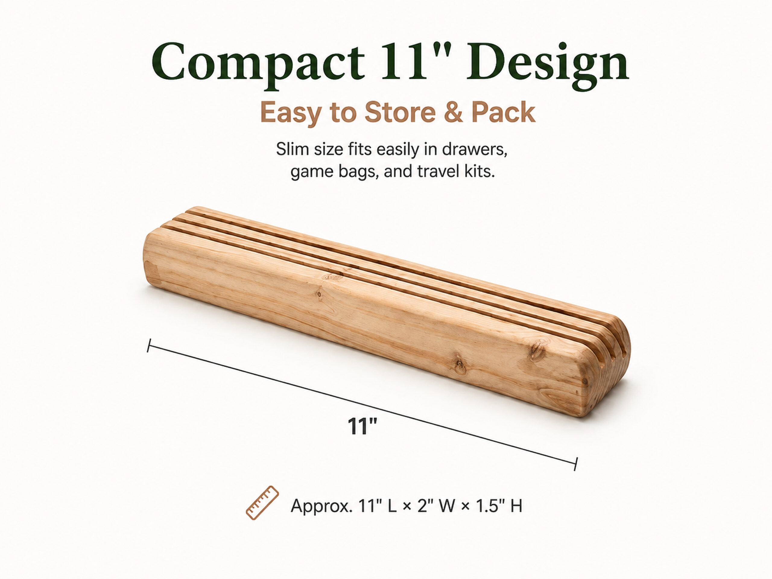 Infographic showing an 11-inch wooden playing card holder with approximate dimensions of 11 inches long by 2 inches wide by 1.5 inches high for compact storage and packing.