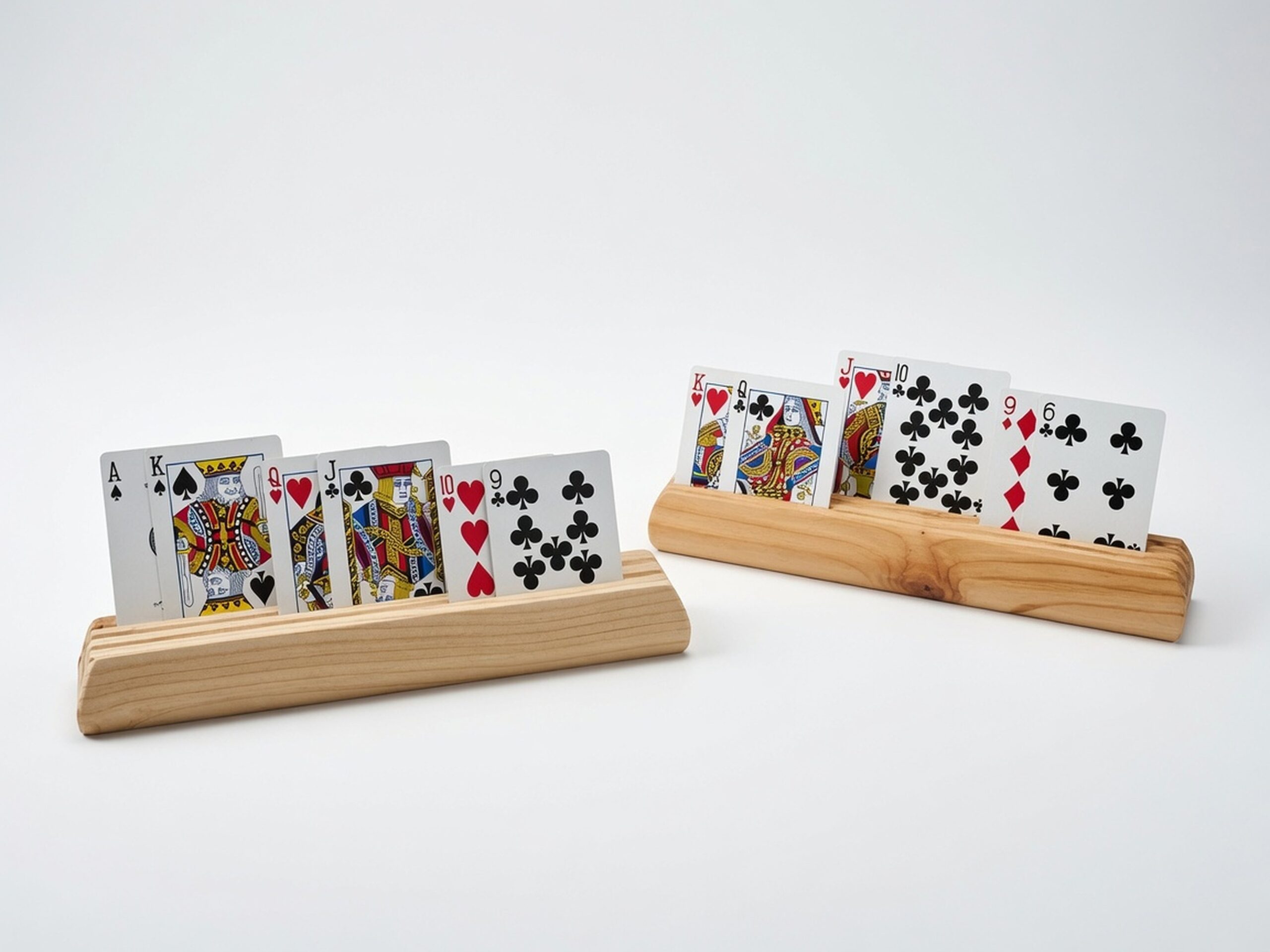 Two wooden playing card holders made from fir, showing the three-slot tiered card rack design.