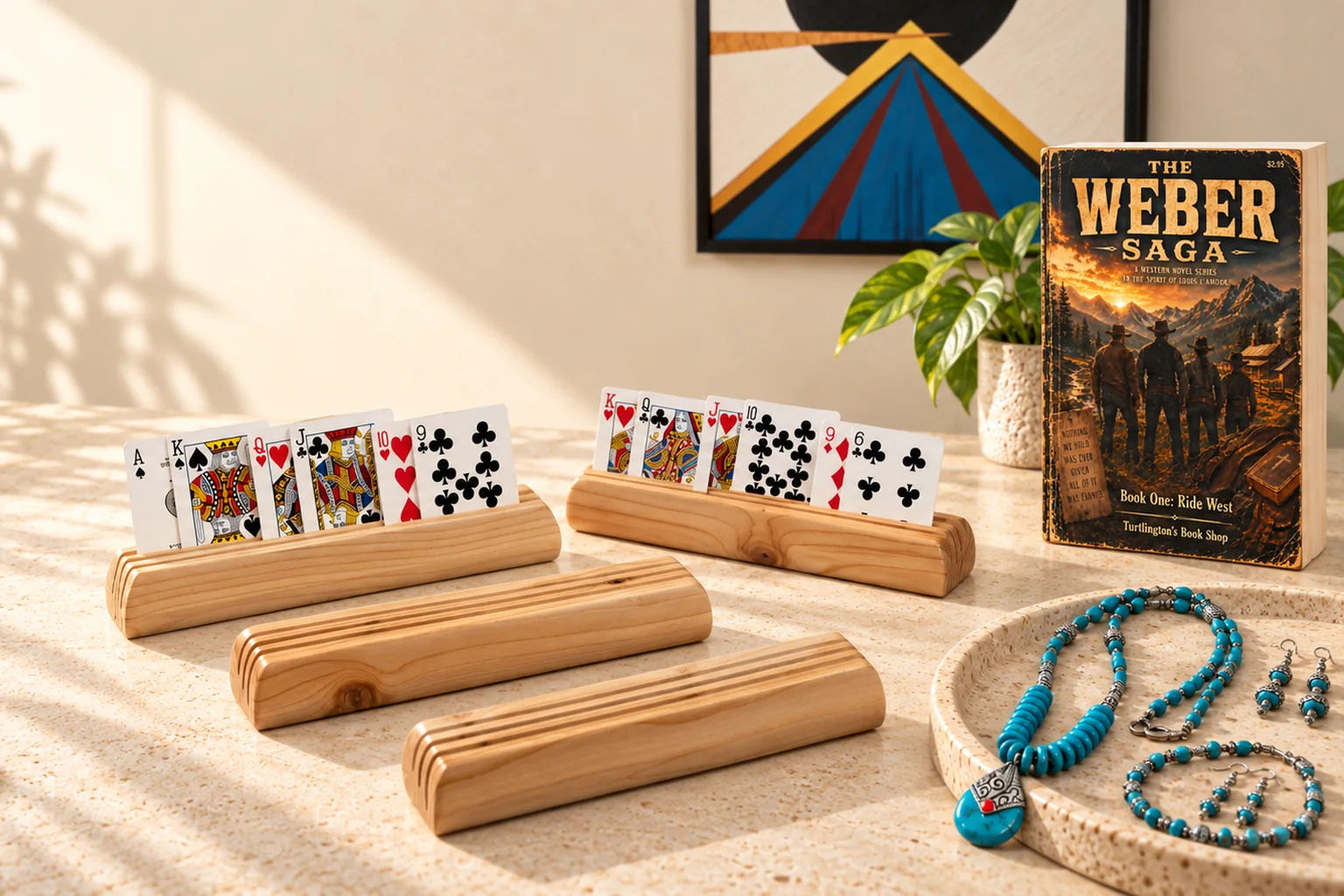 Artistic Turtle collection featuring a turquoise painting, wooden playing card holder, turquoise jewelry, and The Weber Saga book.